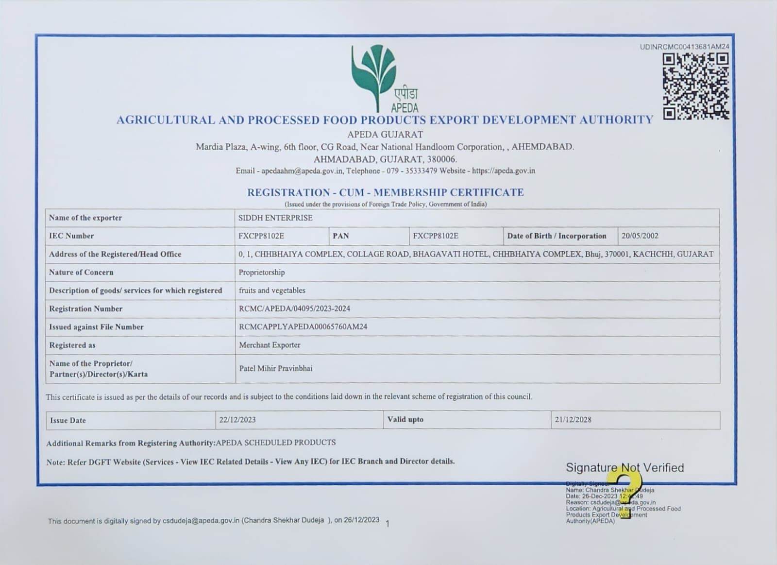 Agriculture & Food Export Certificate